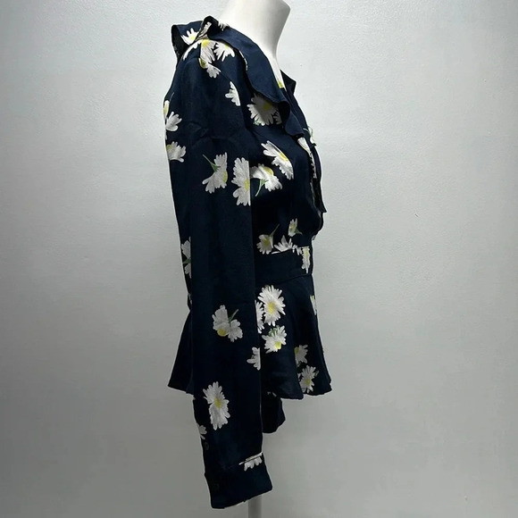 Ganni Blouse Wrap Top Long Sleeve Shirt V-Neck Floral Daisy Navy Blue Size US XS - Picture 3 of 13